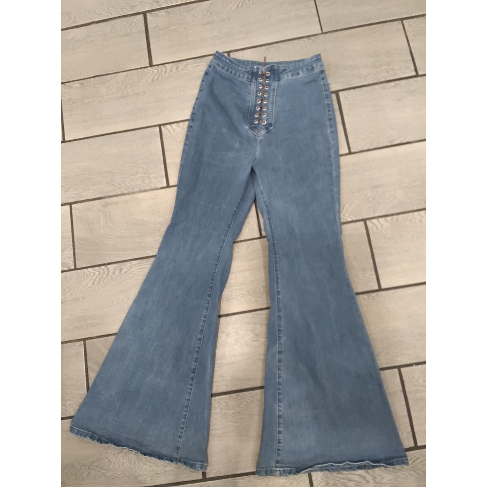 SHEIN High Waisted Lace Up Front Flare Jeans Light Wash Wide Leg Size 27